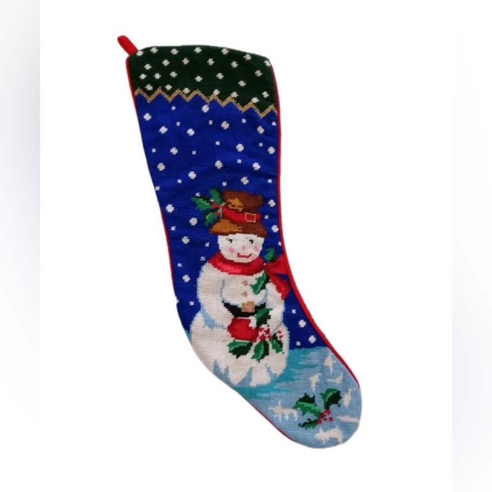Needlepoint Handmade Snowman Vintage Christmas Stocking